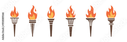 Fire Torch Vector Icon Collection, Illustrations of Flames on Handheld Torches Symbolizing Success, Victory, Achievement, and Inspirational Creative Graphic Design Applications.