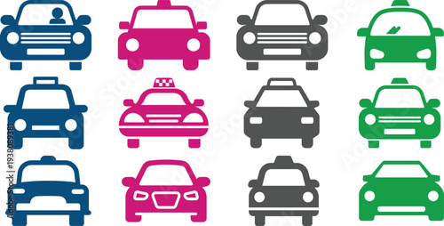 Colorful car silhouettes in various styles and colors white for design use