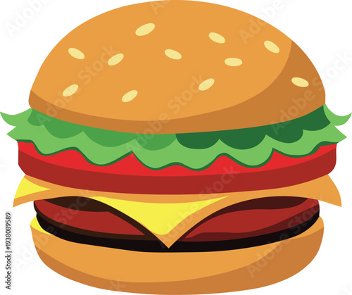 Vector illustration of classic juicy cheeseburger with lettuce tomato cheese and sesame seed bun