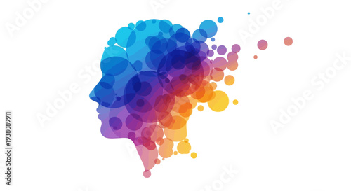 Abstract colorful profile of a human head dissolving into circles, symbolizing creativity
