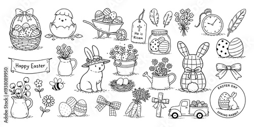 イースターのモチーフを集めた手描き風ペン画アイコンセット（ウサギ・卵・花・春の飾り）、Hand Drawn Easter Icon Set with Rabbit, Eggs, Flowers and Spring Decorations 