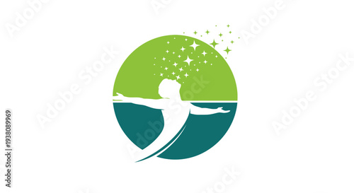 Abstract Human Figure Reaching Towards Stars in Green and Teal Circle
