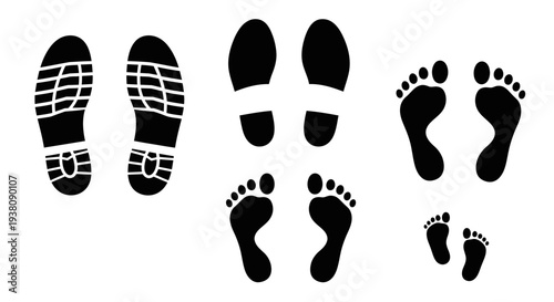 Collection of Black Footprints and Shoe Prints Isolated on White Background