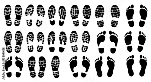 Collection of Black Footprints and Shoe Prints on a White Background