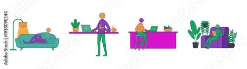 Flat Vector Remote Work Lifestyle Graphic Set for Modern Ergonomic Home Office and Flexible Workspace Design