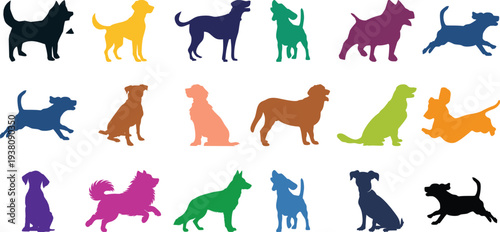 Multicolored dog silhouettes in various poses white colorful canine graphics