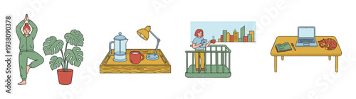 Flat Vector Morning Routine and Remote Work Asset Sheet for Wellness and Productivity Blogging