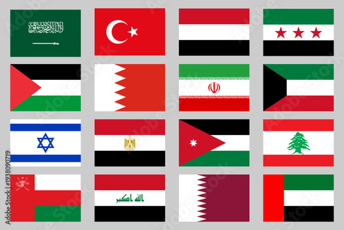 Flags of the countries of the Middle East. Geography, atlas, world, travel