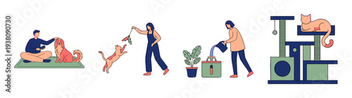 Flat Vector Pet Care and Domestic Animal Enrichment Element Kit for Modern Home Lifestyle Graphics