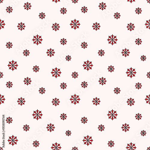 A seamless pattern of red snowflakes on a light-colored background, Suitable for Christmas or winter-themed apparel, home decor, wrapping paper, holiday-themed textiles such as quilting cotton fabrics