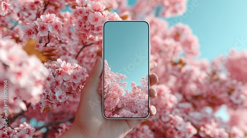 Woman hands using Smart phone,sitting in cherry blossom field,Mobile Smart phone with empty screen,Sakura garden in japan background,Picnic Spring concept.