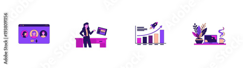 Flat Vector Business Productivity and Remote Work Illustration Asset Sheet for Modern Corporate Startups