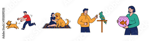 Flat Vector People with Pets Character Element Kit for Domestic Animal Care and Veterinary Services