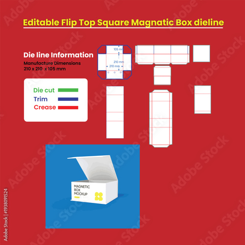 Editable Flip Top Square Magnetic Box Dieline and Mockup packaging die line
