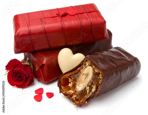 Sweet treats arranged, with red wrapping, white chocolate heart and red rose, set on a pure white background