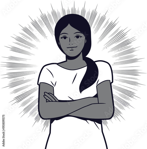 Confident woman with arms crossed and radiating lines, symbolizing power.
