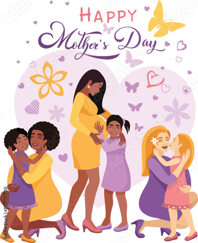 Happy Mother's Day illustration with diverse mothers and children sharing love