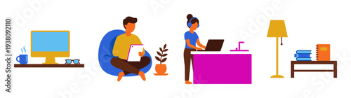 Flat Vector Remote Work Lifestyle Graphic Set for Freelance and Modern Office Communication