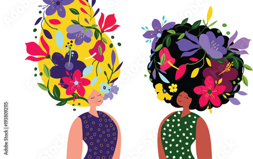 Diverse women with blooming flowers in their hair celebrating nature and individuality