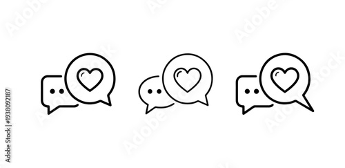 Social support and emotional communication concept Love chat bubble icon set. Romantic message, online dating, or social media reaction outline vector icons.