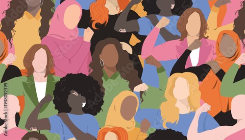 Diverse women with raised fists, symbolizing empowerment and feminist strength