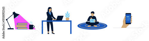Flat Vector Productivity and Remote Work Character Element Kit for Modern Business Lifestyle Graphic Set