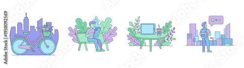 Flat Line Art Urban Lifestyle Graphic Set for Modern Remote Work and Eco Friendly City Living Concepts