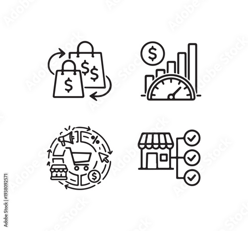 Business and e-commerce line icons set with shopping bags exchange, financial growth analytics, retail franchise management and online commerce cycle vector