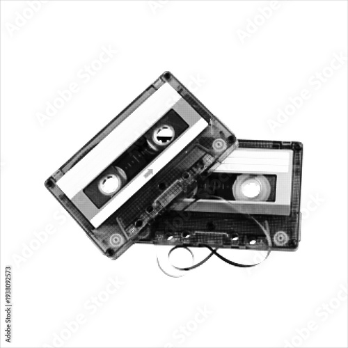 Halftone monochrome illustration of audio cassette tapes with loose magnetic tape. Retro analog music storage concept isolated on light background, symbol of vintage recording, nostalgia and old media