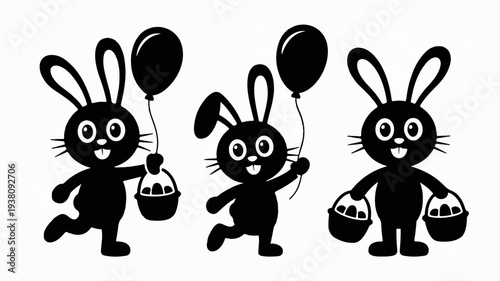 Three cute black bunnies holding easter baskets and balloons on white background for spring