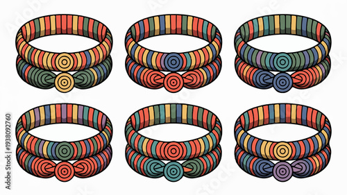 Vibrant multicolored beaded bracelets with spiral accents on white background for fashion and jewelry design