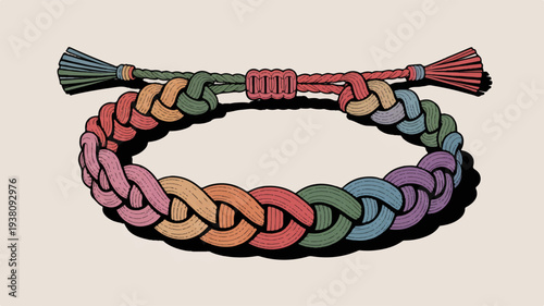 Vibrant multicolored woven bracelet with tassel colorful braided jewelry on beige background
