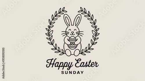 Easter bunny in laurel wreath holding egg happy easter sunday greeting card design