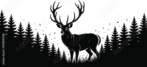 Majestic deer stag silhouette in pine forest landscape, wildlife antlered mammal nature vector illustration with trees isolated background