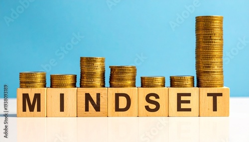 Wallpaper Mural Stacked Golden Coins Forming a Rising Bar Graph on Wooden Blocks Spelling "MINDSET" Against a Light Blue Background Torontodigital.ca