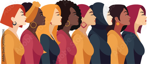 Diverse group of women standing together in solidarity, illustration