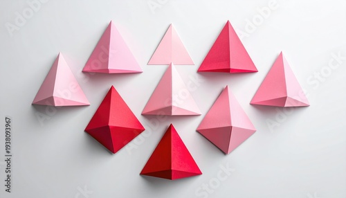 Abstract Geometric Origami Pyramids in Pink and Red Tones.