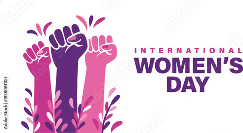 International Women's Day celebration with raised fists and floral elements.