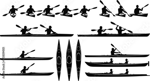 Black Silhouettes of People Kayaking and Rowing, Single and Double Kayaks, Canoeing Athletes and Water Sports Icons Isolated on White