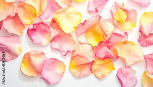Soft Pastel Rose Petals Scattered on a Clean White Surface.