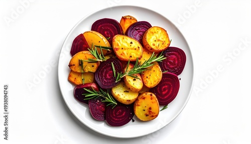 Delicious Oven Roasted Beets and Potatoes with Fresh Rosemary Garnish.