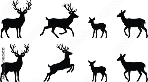 Deer silhouettes collection featuring stag doe and fawn in various poses, wildlife forest mammal vector illustration set isolated background