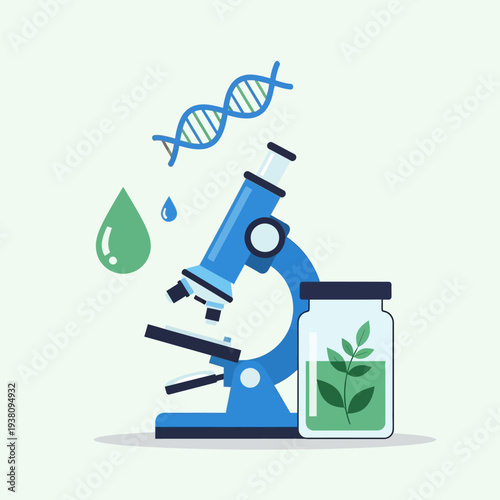 Microscope, DNA, and plant in a jar, scientific research and biotechnology concept