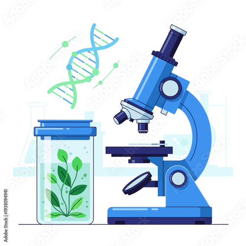 Microscope, DNA, and plant in a jar, symbolizing biotechnology and scientific research