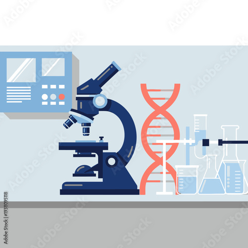 Microscope, DNA helix, and lab equipment in a modern science research laboratory setting.