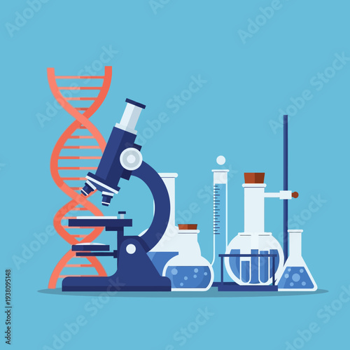 Microscope, DNA helix, and laboratory equipment on blue background, science concept
