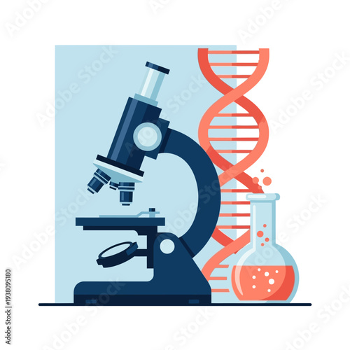 Microscope, DNA helix, and laboratory flask symbolizing scientific research and biotechnology