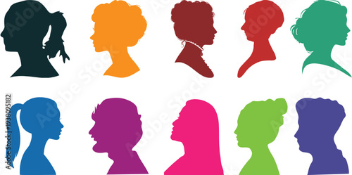 Diverse group of people Cameo silhouettes in various colors and hairstyles white for inclusive and community concepts
