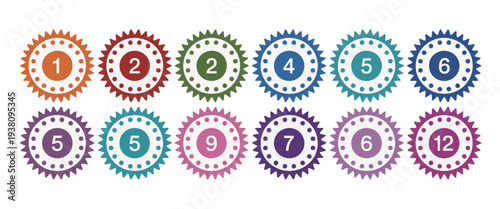 Numbers 1–12 Vector Set, Illustrated Inside Gears on White Background Representing Business, Technology, Education, and Process Concepts for Creative and Professional Projects.