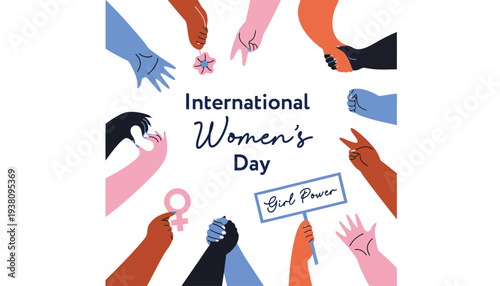 International Women's Day illustration with diverse hands celebrating, girl power and gender equality